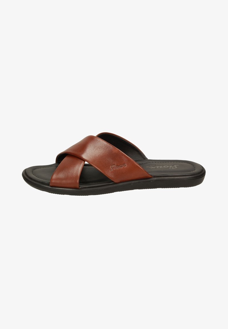Sandale homme en cuir marron à enfiler avec deux lanières croisées et semelle noire coussinée, vue de côté.