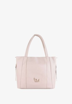 Borsa a mano in pelle beige chiaro con doppi manici, dettagli di cuciture verticali e piccolo logo metallico del marchio al centro sul davanti.