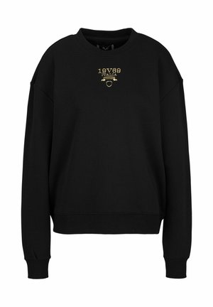 Schwarzer Sweatshirt mit langen Ärmeln, Rundhalsausschnitt und gerippten Bündchen. Mit goldfarbigem, gesticktem Text "19V69 ITALIA" auf der Vorderseite.