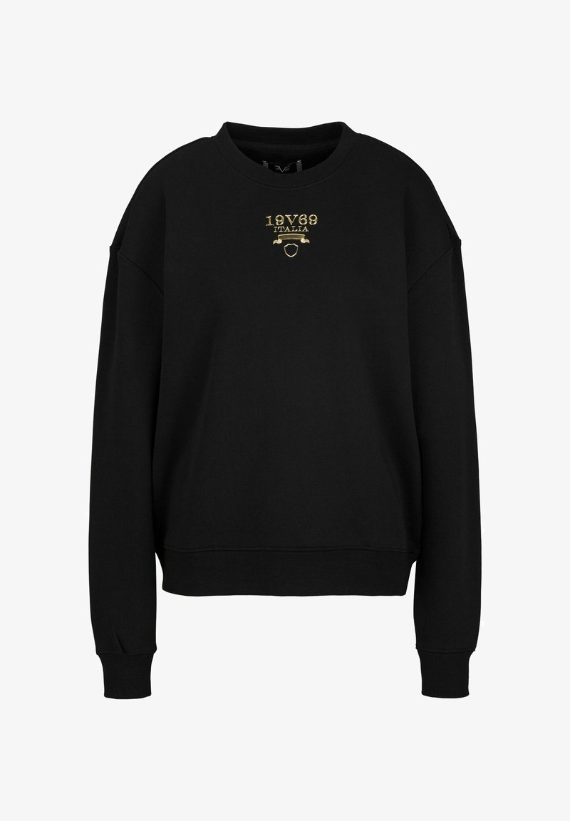 Schwarzer Sweatshirt mit langen Ärmeln, Rundhalsausschnitt und gerippten Bündchen. Mit goldfarbigem, gesticktem Text "19V69 ITALIA" auf der Vorderseite.