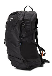 Black backpack with a textured finish, adjustable straps, a top handle, multiple compartments, and a front zippered pocket.