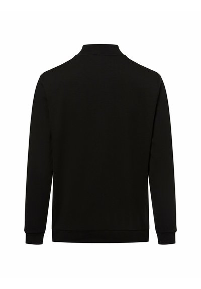 Schwarzes Langarm-Sweatshirt mit hohem Kragen, gerippten Bündchen und geripptem Saum, von hinten vor einem weißen Hintergrund gezeigt.