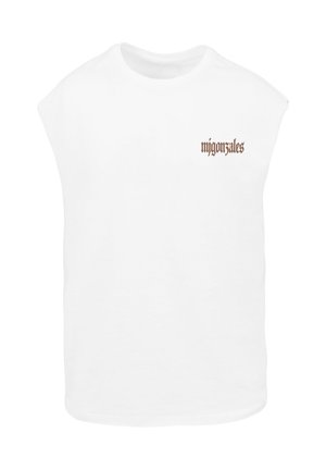 Hvid ærmeløs t-shirt lavet af bomuld, med et brunt grafisk tekstdesign på venstre brystområde. Glat tekstur, afslappet pasform.