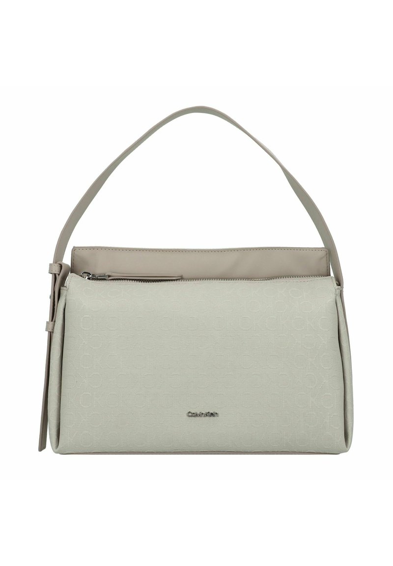 Borsa a tracolla grigia chiara con superficie texturizzata, dotata di una cerniera superiore liscia e di una sola tracolla. Accento del logo discreto sulla parte anteriore.
