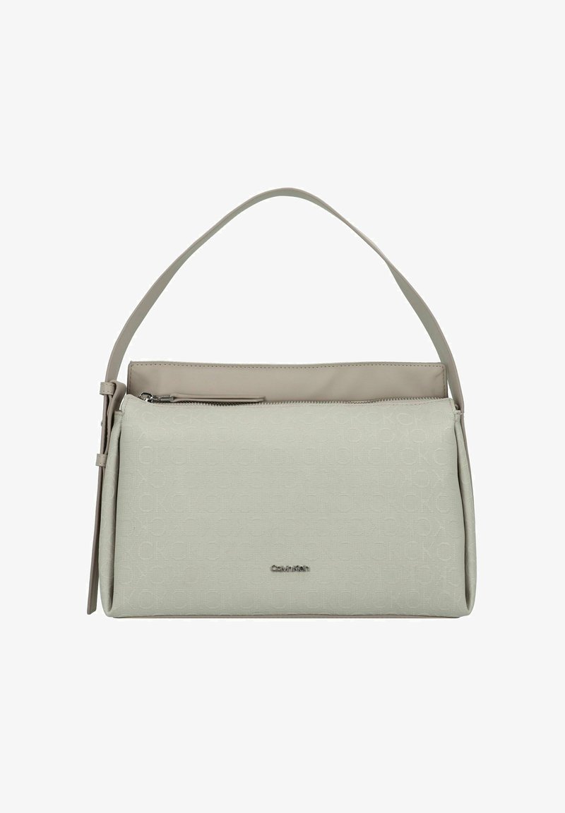 Borsa a tracolla grigia chiara con superficie texturizzata, dotata di una cerniera superiore liscia e di una sola tracolla. Accento del logo discreto sulla parte anteriore.