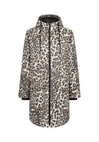 Luipaardprint jas met een ritssluiting aan de voorkant, capuchon en twee grote zakken. Gemaakt van lichtgewicht, glad materiaal met contrasterende zwarte accenten.