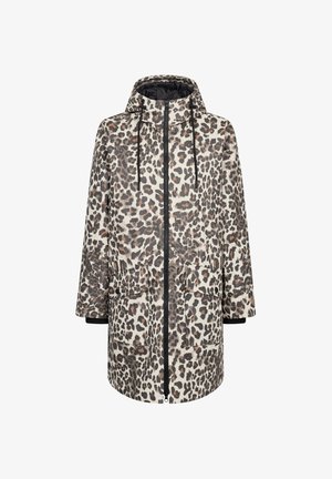 Luipaardprint jas met een ritssluiting aan de voorkant, capuchon en twee grote zakken. Gemaakt van lichtgewicht, glad materiaal met contrasterende zwarte accenten.