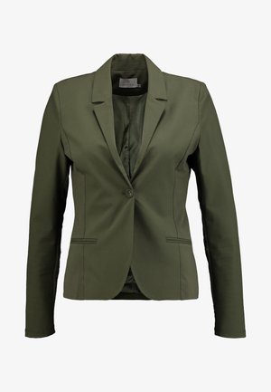 Olive green blazer made from smooth fabric, featuring a single button closure, notched lapels, and side pockets. Simple design with clean lines.