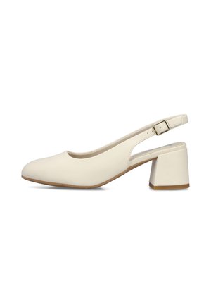 Chaussure slingback couleur crème avec talon bloc et bride réglable à boucle, finition lisse et bout arrondi.