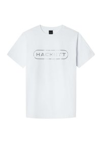 Camiseta blanca de algodón con mangas cortas. Presenta un logo impreso en plata "HACKETT" en forma ovalada a través del pecho. Diseño sencillo, corte clásico.