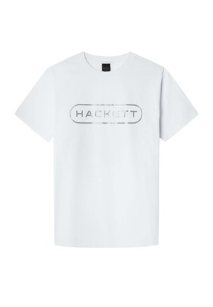 Bílý bavlněný tričko s krátkým rukávem. Na hrudi má stříbrný potisk loga "HACKETT" ve tvaru oválu. Jednoduchý design, klasický střih.