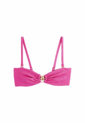 Rosa Bikini-Oberteil aus strukturierter Stoff, mit einem goldenen Detail in der Mitte und dünnen verstellbaren Trägern.