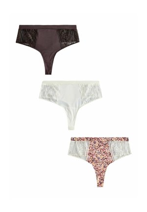 Three pairs of women's panties: dark brown with lace, white with floral accents and lace, and floral-patterned with lace details. All are low-rise.