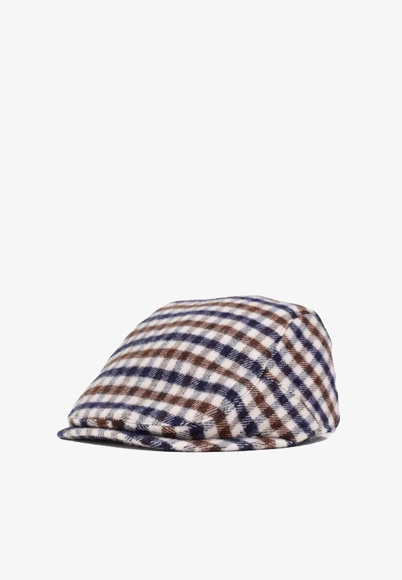 Cappello piatto con motivo a scacchi blu, marrone e bianco, mostrante il lato e il bavero frontale su uno sfondo bianco.