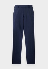Pantalones azul marino fabricados con tejido texturizado, que cuentan con un diseño de pierna recta, lazos para cinturón y bolsillos frontales para mayor funcionalidad.