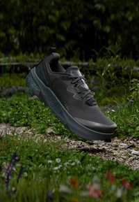 Σκούρο γκρι αθλητικό παπούτσι που αιωρείται πάνω από ένα χωμάτινο μονοπάτι περιτριγυρισμένο από πλούσια πράσινα φυτά και αγριολούλουδα.