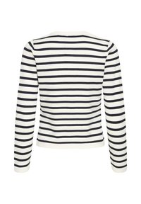 Õlgadest pikad kampsun vaniljevärvi, tumeliste horisontaalsete triipudega. Disain ümara kaelusega ja kehassejõudvam. Pehme, soonikuline tekstuur kogu ulatuses.