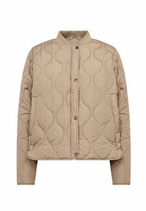 Bēšs dūnu jaka ar apaļu apkakli, spiedpogas un sānu kabatām. Raksturo gluda tekstūra un rakstaina šūšana.