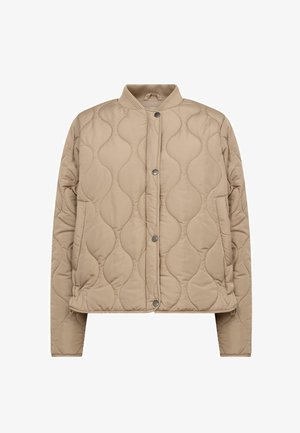 Geacă bej matlasată, cu guler rotund, nasturi clip și buzunare laterale. Prezintă o textură netedă și cusături cu model.