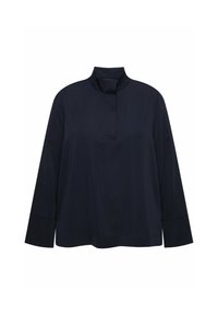 Marineblauwe langesleeve shirt met hoge kraag, voorzien van een verborgen knoopsluiting en rechte zoom, gemaakt van zacht, glad materiaal.