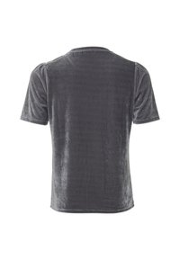 Grijze fluwelen T-shirt met korte mouwen, een gladde textuur, een ronde halslijn en geplooide details op de mouwen.