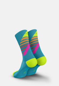 Colorful athletic socks in blue, featuring gradient stripes of orange, pink, and yellow. Includes reinforced toes and heels.