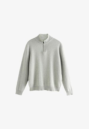 Hellgrauer Pullover mit langen Ärmeln, geripptem Kragen, Bündchen und Saum, ausgestattet mit einem kurzen Reißverschluss an dem hohen Kragen.