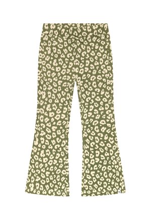 Groene uitlopende broek met een all-over beige luipaardprint en een elastische tailleband.