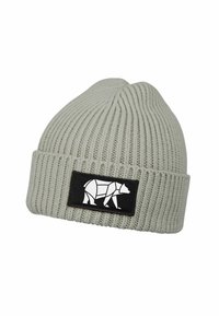 Light gray ribbed knit beanie with folded cuff and black patch featuring a white geometric bear design on the front.