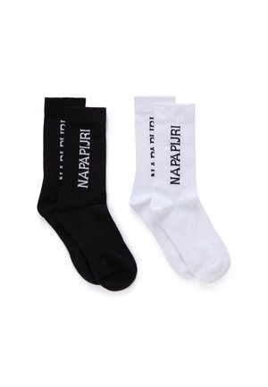 Twee paar sneakersokken, één zwart en één wit, elk met het "NAPAPIJRI"-logo verticaal langs de zijkanten gedrukt.