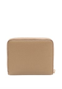 Portafoglio con cerniera a tutto giro in pelle color cuoio con superficie texturizzata, forma rettangolare e dettagli di cucitura discreti lungo i bordi.