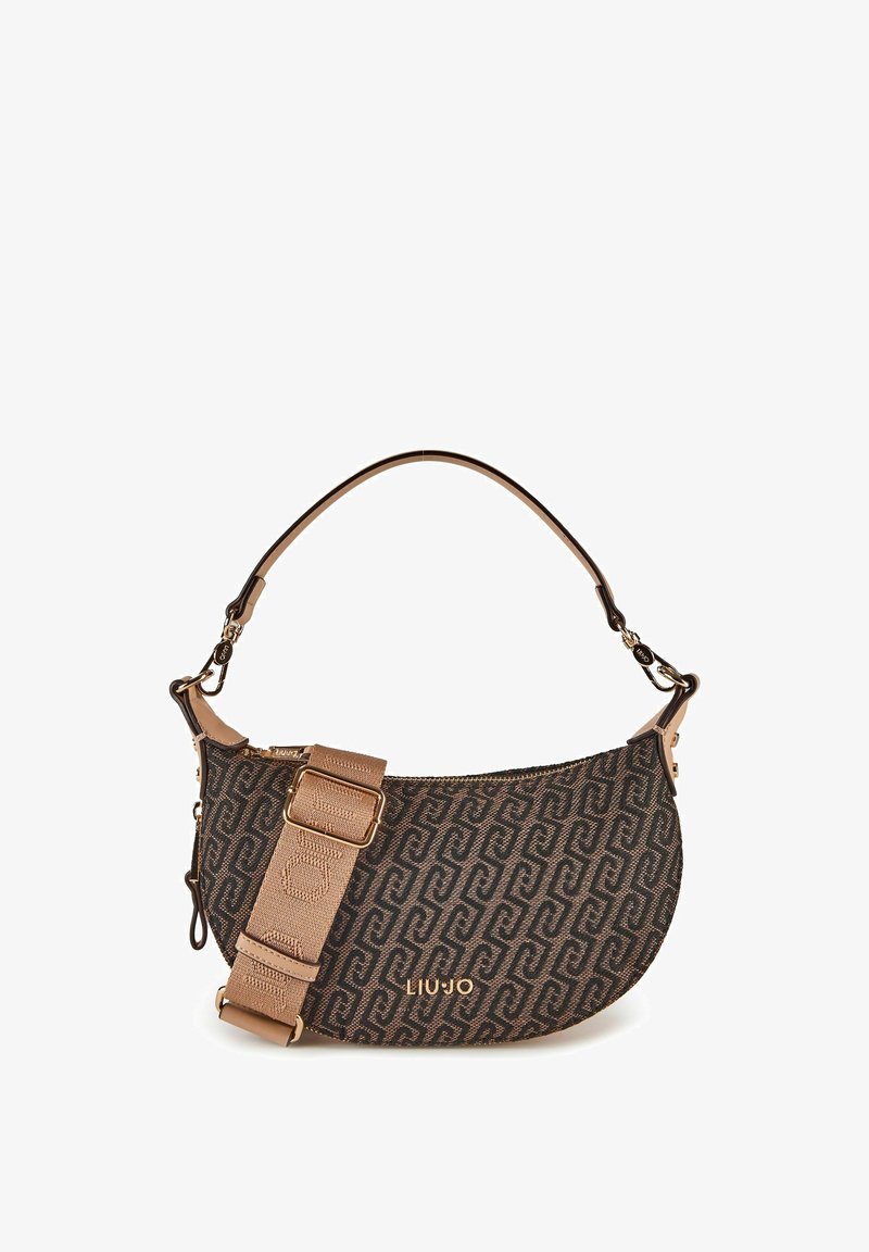 Sac à main croissant Liu Jo marron et noir à motif, avec bandoulière large détachable, boucle dorée et détails du logo.