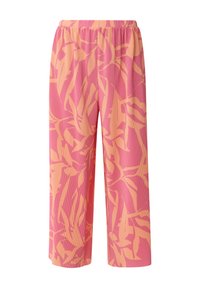 Roze en oranje gestreepte broek met een elastische band, brede pijpen en een textuurstof met een bladmotief.