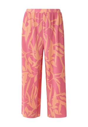 Rosa und orange gemusterte Hosen mit einem elastischen Bund, weitem Bein und einem strukturierte Stoff, der ein Blätterdesign zeigt.