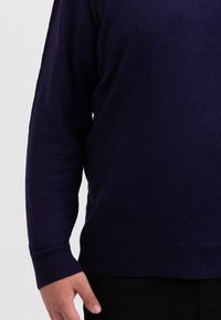 Marineblauer Strickpullover mit langen Ärmeln und gerippten Bündchen. Weiche Textur mit einem leicht taillierten Design, Rundhalsausschnitt und Saum.