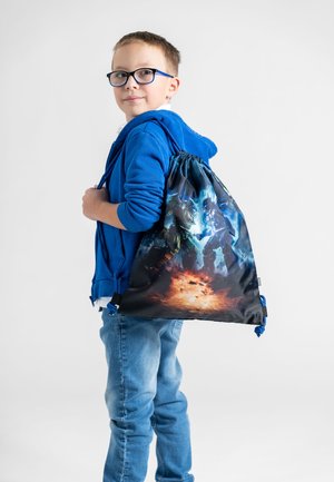 Drawstring backpack with a dark design featuring colorful robotic figures and an explosion pattern. Made of lightweight fabric, adjustable straps.
