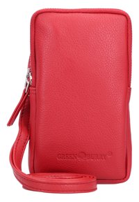 Funda para teléfono de cuero rojo con superficie texturizada, cierre con cremallera y correa ajustable; presenta una marca en relieve en la parte frontal.