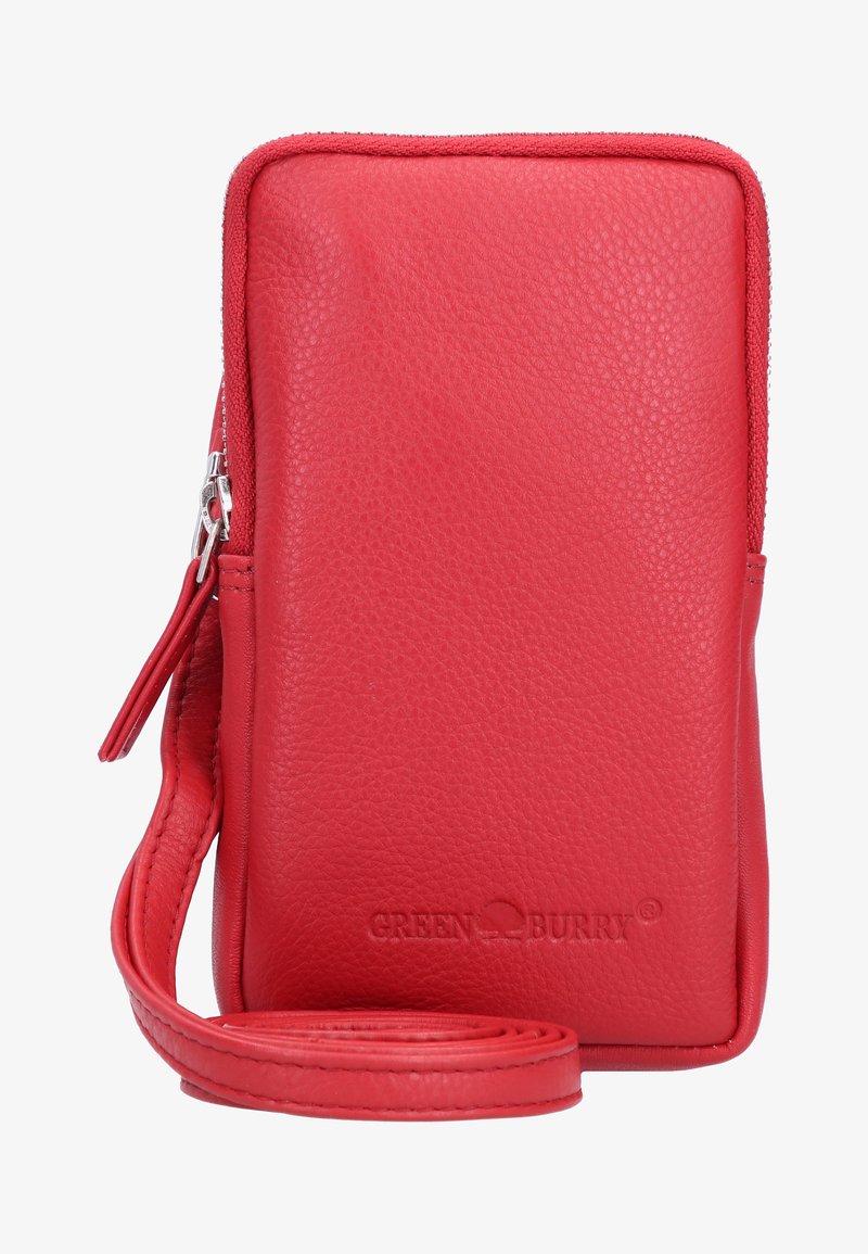 Funda para teléfono de cuero rojo con superficie texturizada, cierre con cremallera y correa ajustable; presenta una marca en relieve en la parte frontal.