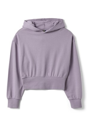 Crop lavender hoodie met lange mouwen, geribbelde manchetten en tailleband, met een ontspannen pasvorm en een aangehechte capuchon.