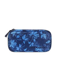 Rectangular zippered pencil case with blue floral pattern on navy background and black embroidered "coocazoo" logo.