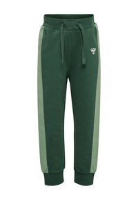 Gröna mjukisbyxor med en mörkare grön kropp, ljusare gröna sidopaneler, dragsko i midjan och en liten logotyp fram. Mjuk textur.