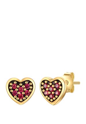 Arany, szív alakú fülbevalók fekete díszítéssel, rózsaszín kövekkel, amelyek mintázatban vannak elrendezve, arany gyöngyökkel kiemelve a szélek körül.