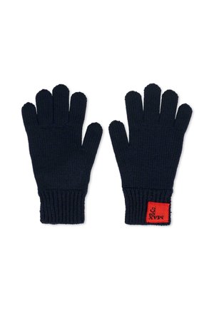 Guanti lavorati a maglia blu navy con polsini a coste. Presentano un design a cinque dita e un'etichetta rettangolare rossa con il logo "M&Co" sul polsino.