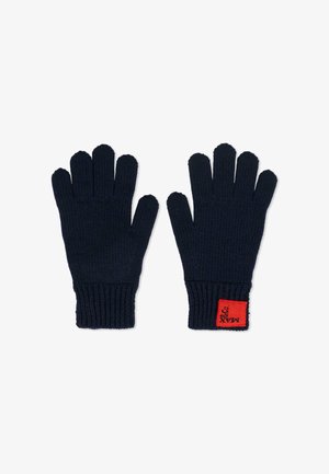 Guanti lavorati a maglia blu navy con polsini a coste. Presentano un design a cinque dita e un'etichetta rettangolare rossa con il logo "M&Co" sul polsino.