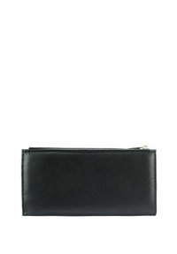 Czarny skórzany portfel o gładkiej teksturze, zapinany na zamek, w kształcie prostokąta. Minimalistyczny design bez widocznych akcesoriów czy ozdób.