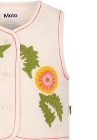 Gilet bianco senza maniche con cuciture rosa e design floreali ricamati in giallo, rosa e verde. Chiusura con bottoni sul davanti.