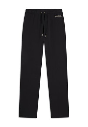 Pantaloni felpati neri con cintura elastica, dettaglio con cordoncino, logo dorato "FREDDY" e design a gamba dritta. Tessuto morbido.