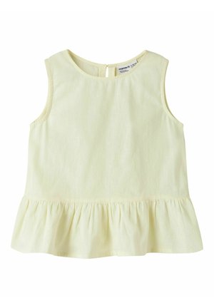 Ærmeløs lys gul toddler-top med rund halsudskæring, rynket peplumkant og nøglehulsknaplukning bagpå.