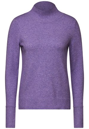 Maglione viola lavorato a maglia con colletto alto a costine e maniche lunghe. Presenta una superficie liscia e polsini e orlo a costine aderenti.