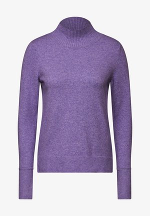 Maglione viola lavorato a maglia con colletto alto a costine e maniche lunghe. Presenta una superficie liscia e polsini e orlo a costine aderenti.